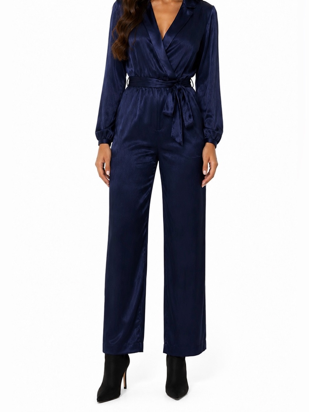 Cloud Ten Navy Satin Wrap Tie Jumpsuit Long Sleeve Size L